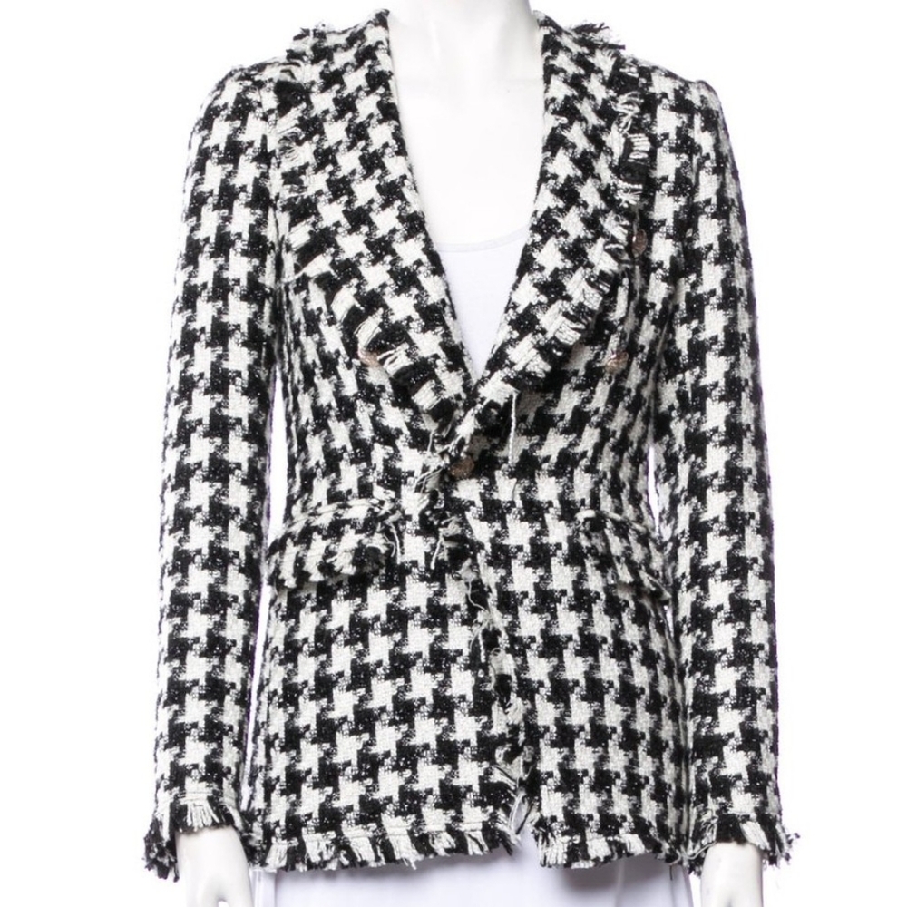 Rachel Zoe Black White Houndstooth Raw Hem Tweed Blazer Suit Jacket Coat Small